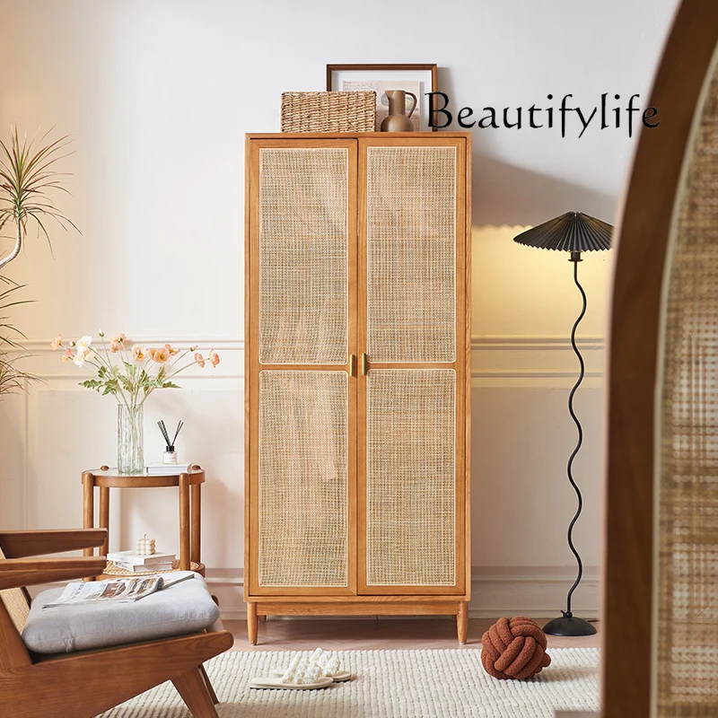 Rattan Nordic simple modern homestay solid wood retro home bedroom storage small apartment wardrobe