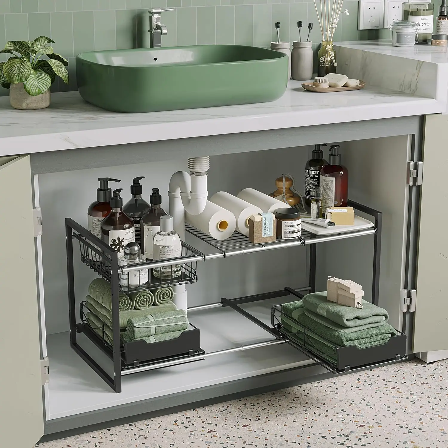 

Органайзер под раковину с выдвижными ящиками, расширяемая двухуровневая полка для хранения в кухонных и ванных шкафах