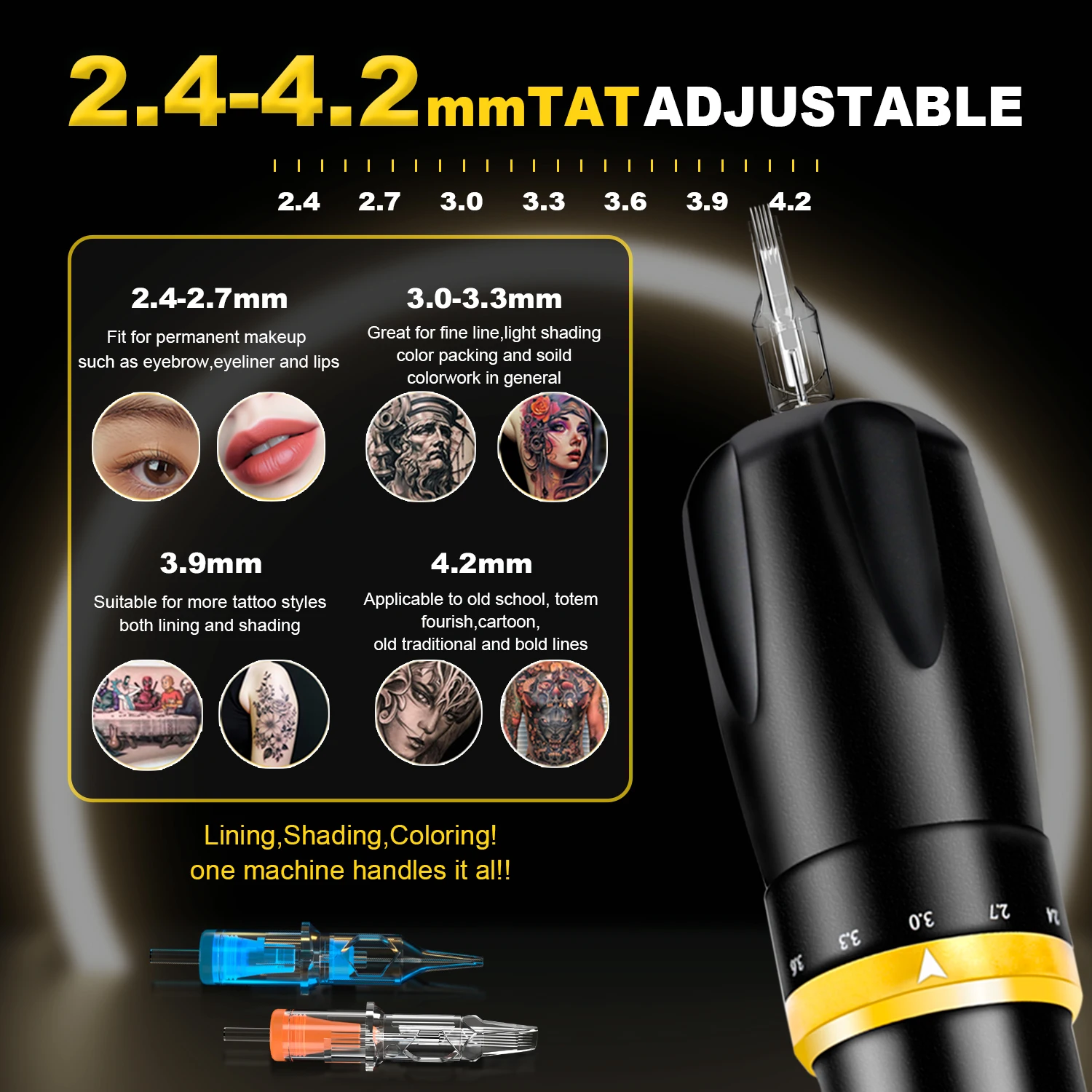 Conjunto de máquina de tatuagem sem fio KVM Kit de pistola de tatuagem Modo 7 Curso ajustável 2.4mm-4.2mm 1800mAh Potência para artistas suprimentos de tatuagem