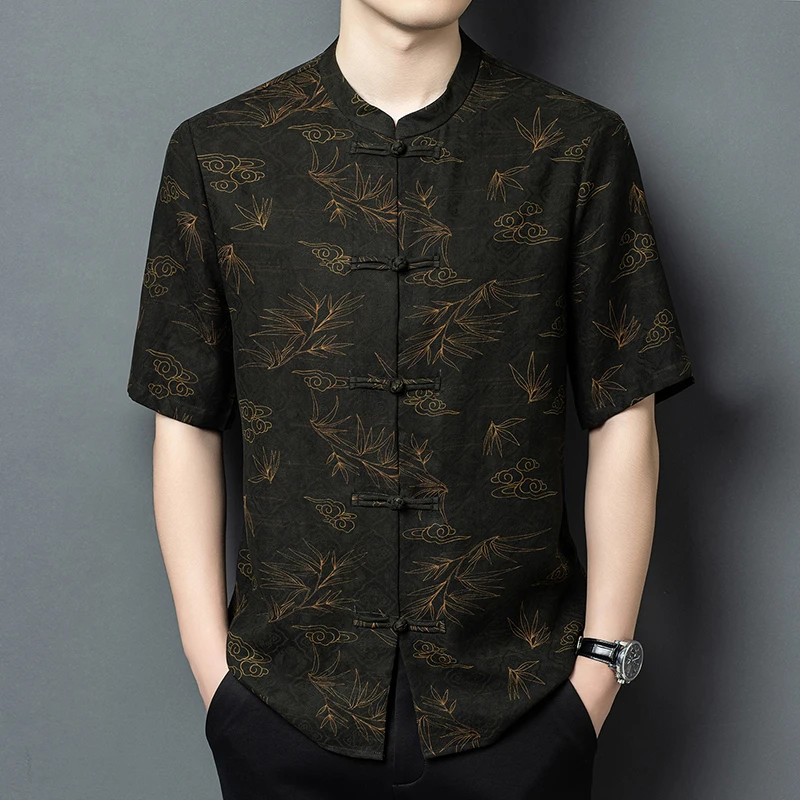 Luxury Genuine Silk 100% Shirts For Men Short Sleeve Frog Button Summer Top Quality Satin Lightweight Jacquard Camisas De Hombre