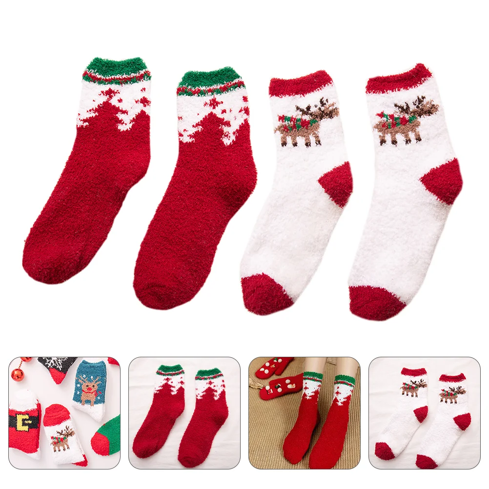 2 Pairs Christmas Warm Socks for Women New Year's Wool Thermal House Slippers Winter Indoor Autumn and Miss Fluffy