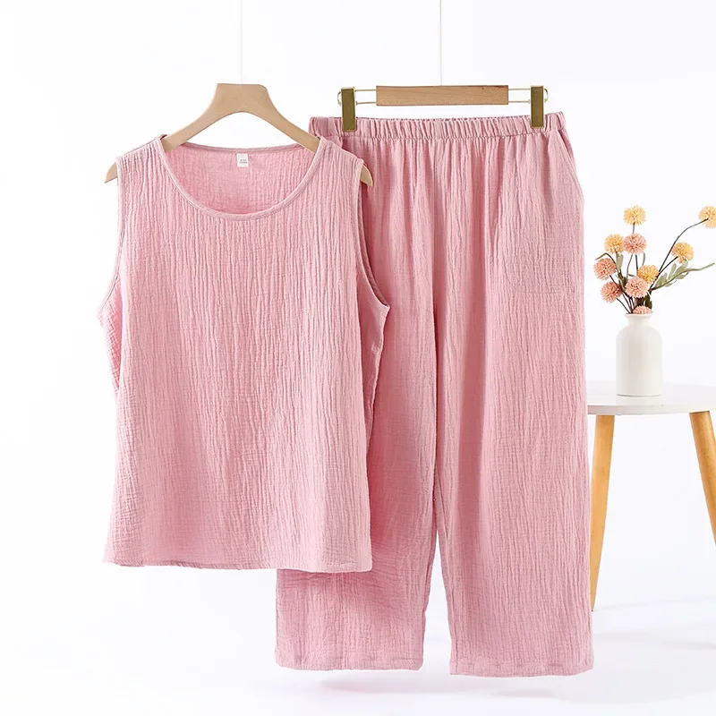

100% Gauze Cotton Women's Pyjama Suit Summer Sleeveless 2 Piece Set Sleepwear Woman Pajamas Loose Night Wear Female Loungewear