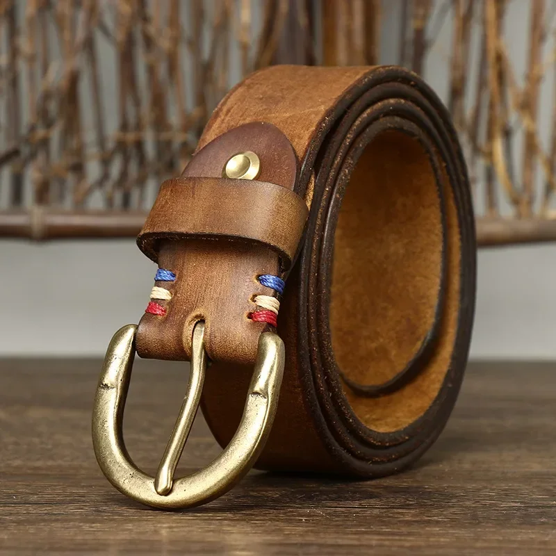 

3.8CM High Quality Belt Men's Genuine Leather Top Layer Pure Cowhide Brass Buckle Jeans Vintage Strap Male Jeans for Man Luxury