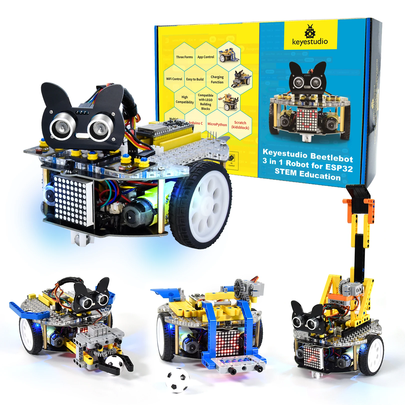 Keyestudio Beetlebot ESP32-WROOM Robot for Arduino ESP32 STEM Education Scratch/Python Programming Compatible Lego Robot Kit