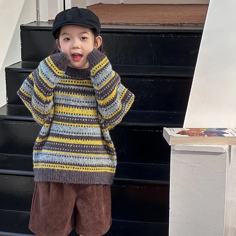 

Winter Infant Baby Girl Sweater Ethnic Style Striped Thick Warm Toddler Kids Girls Pullovers Retro Jacquard Little Girl Knitwear