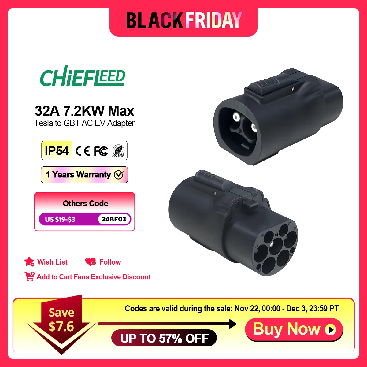 Chiefleed EV Adapter 32A Fit for Tesla To GBT Adapter Charging Connector Fit with all GBT Standard Cars