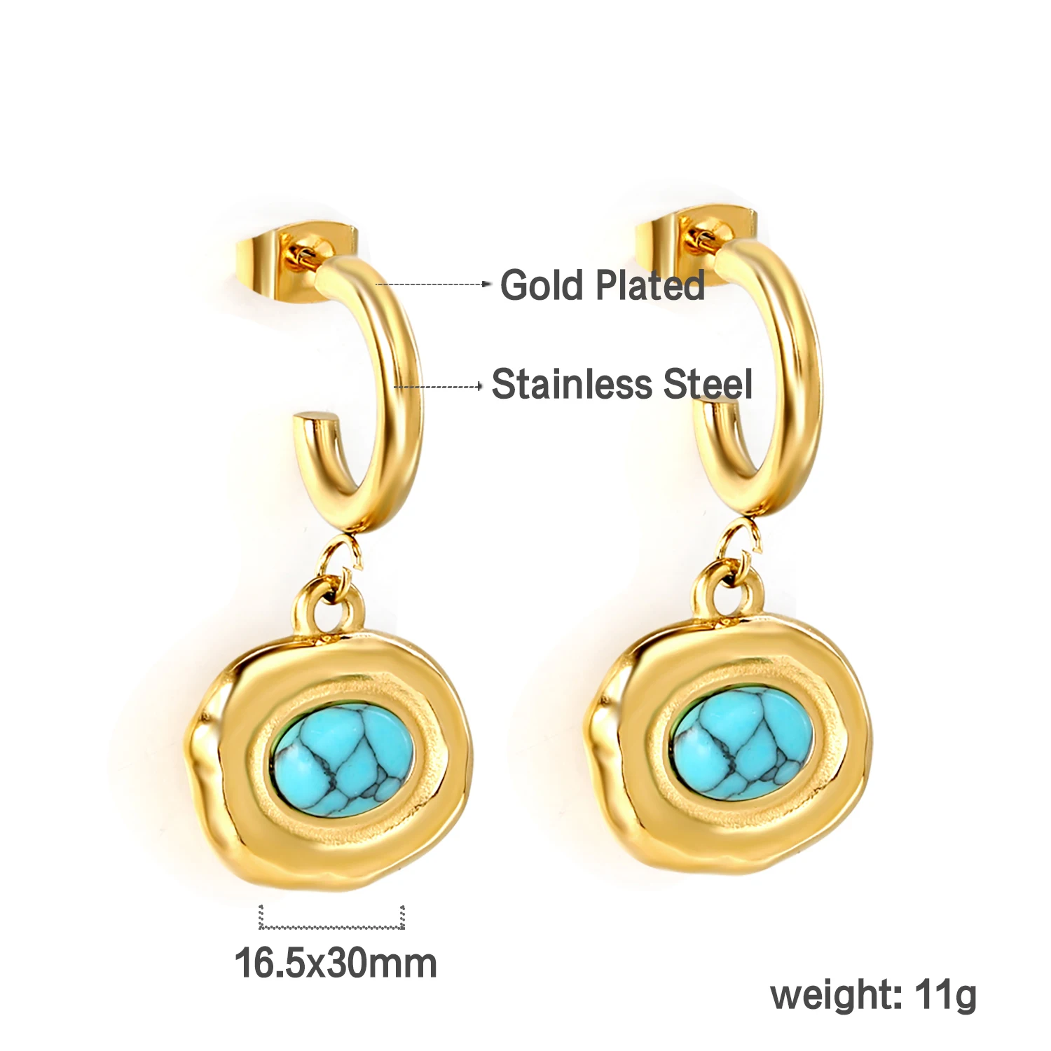 1 Paar ovale blaue Türkis-Ohrringe, Edelstahl vergoldet, wasserdicht, Damen-Ohrstecker, modische Accessoires