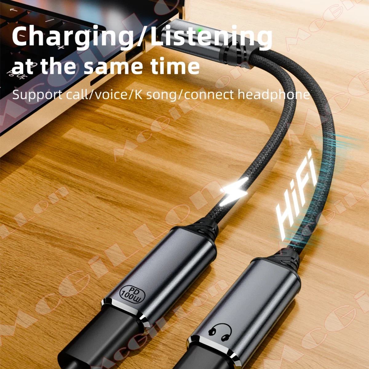 100W PD Fast Charger Cable 2 in 1 USB C Splitter Type C Headphones Jack Audio Adapter For Samsung S24 Xiaomi Huawei iPhone 15 16