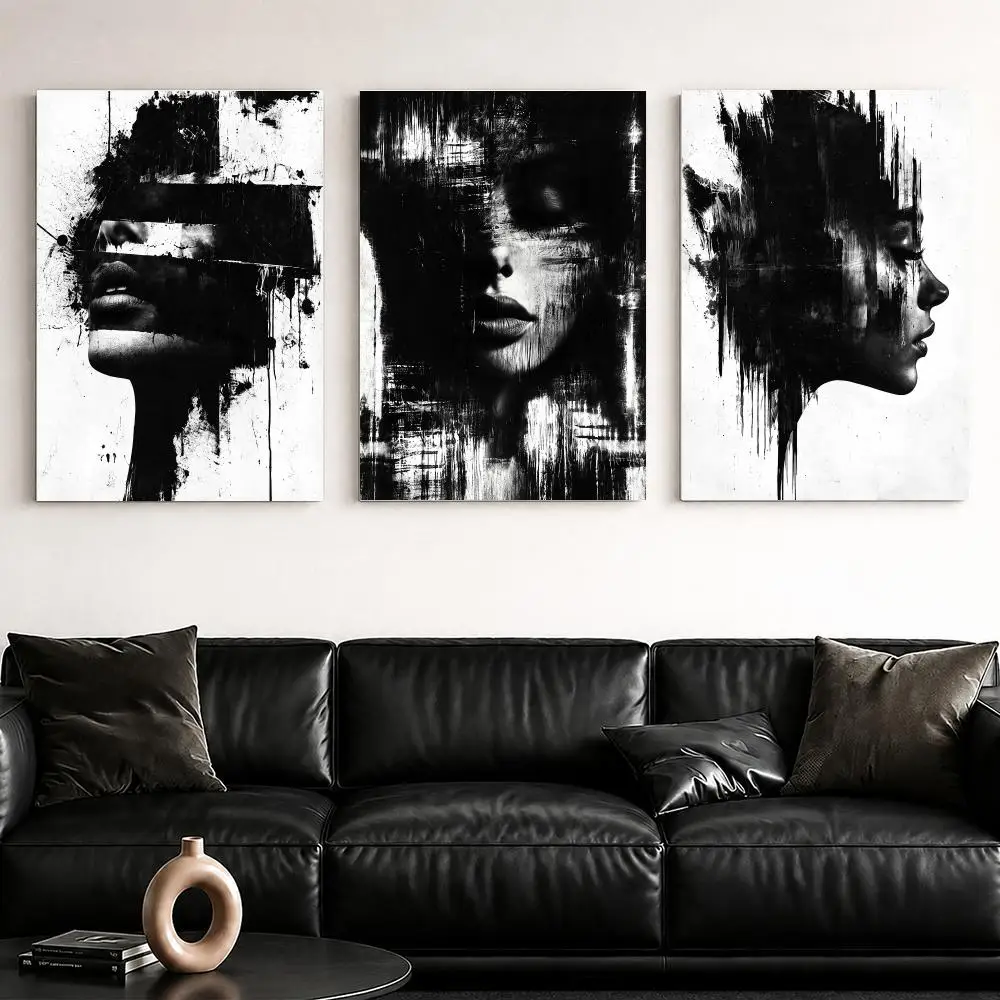 Monochrome Brushstroke Portrait Framed Wall Painting Framed Canvas Wall Art Poster Solid Wood Frame Home Decor