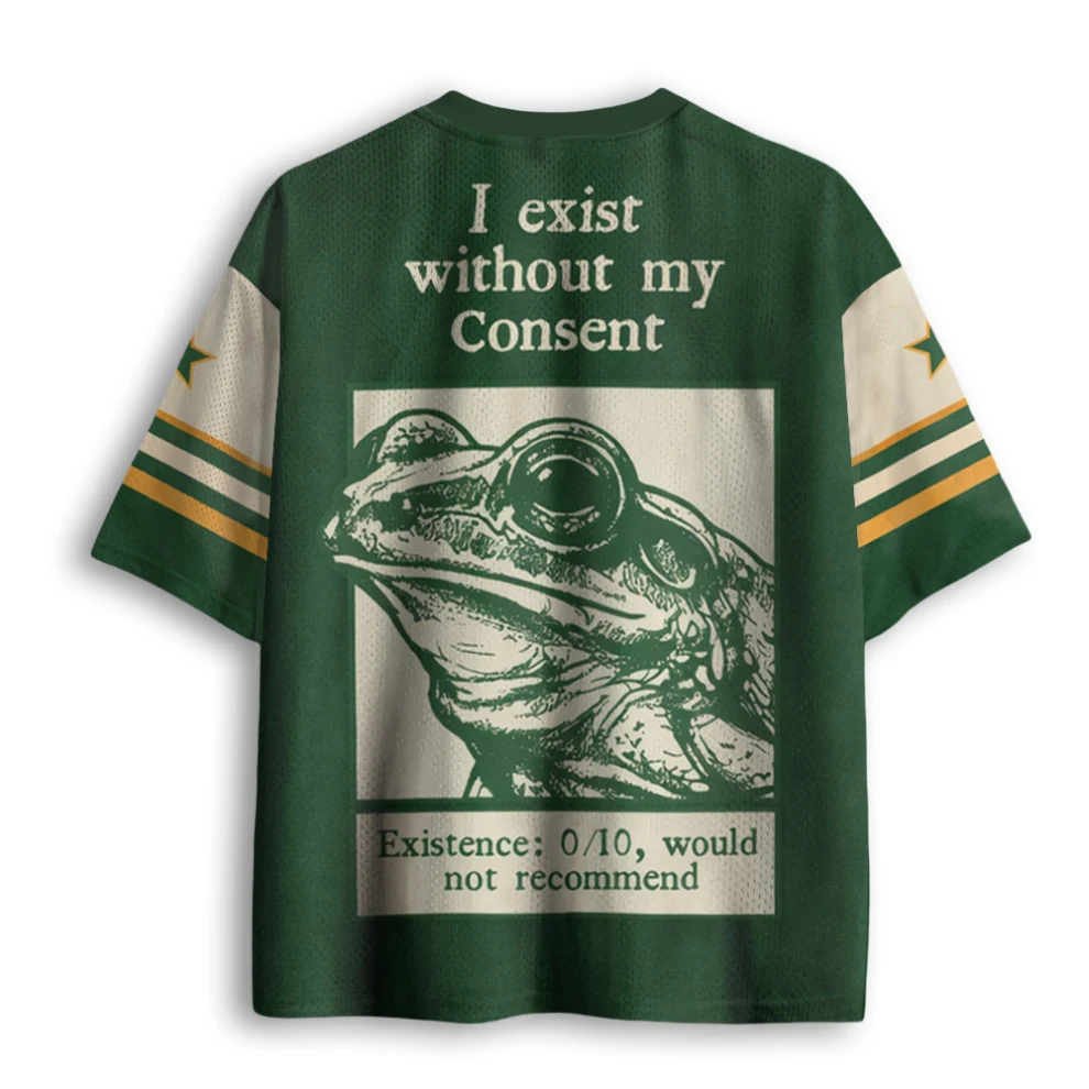 Vintage Retro Frog Existential Humor Slogan Print Green Cream Color Block Mesh V Neck Loose Football Jersey T-shirt