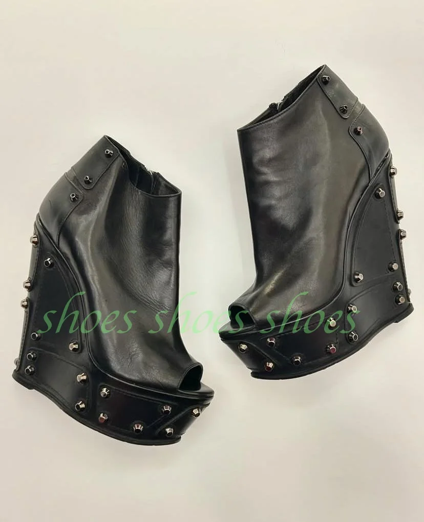 Lady Black Wedges Heel Spike Punk Ankle Boots Platform Peep Toe Zipper Black Pu Metal Punk Style Runway Bohemian Boots Size 46