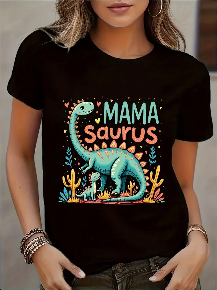 Mom Dinosaur and Cactus Pattern Printed Women's Casual Short-Sleeved T-Shirt Soft and Loose Round Neck Everyday Cotton Top