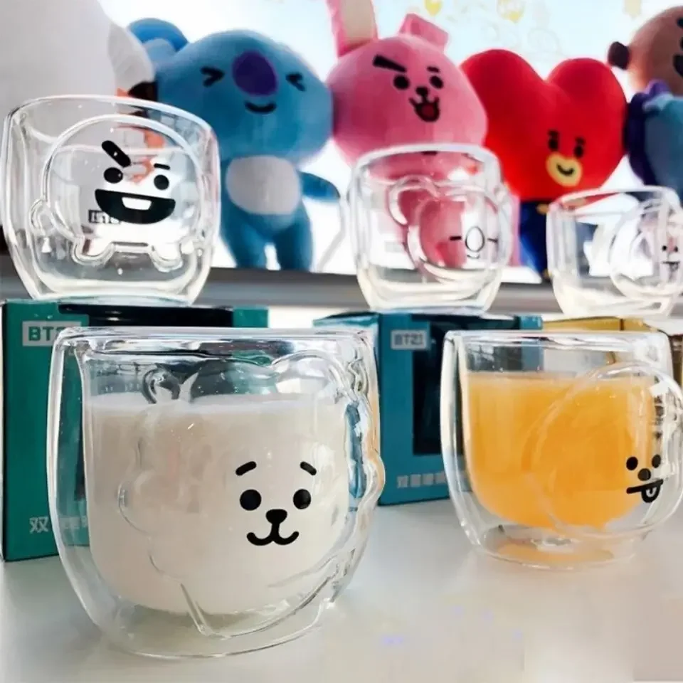 New BT21 Chimmy Anime Kawaii Double Layered Glass Cup Girls Cartoon Tata Shooky Cooky Creative Household Children Milk Cup Gift