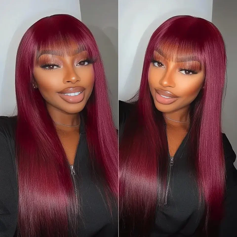 Wine Red 99j Straight Hair Wig With Bangs Long Silky Human Hair Wig For Women Natural Looking Daily/Cosplay Wig 180% Density - Image 3