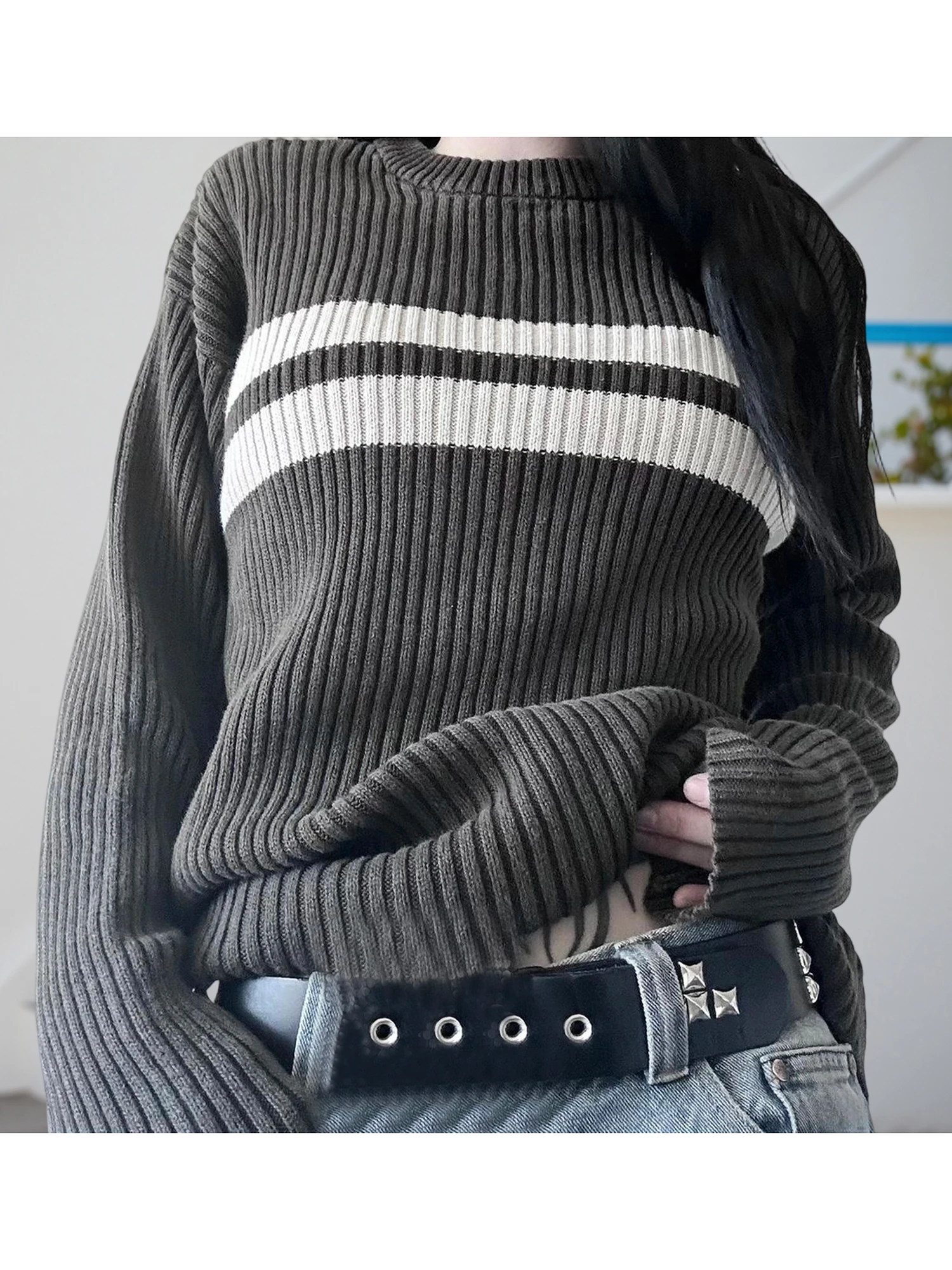 Damski sweter z dzianiny w warkocze, jesienno-zimowy, stylowy, casualowy, z okrągłym dekoltem, długim rękawem, w paski, luźny pulower.