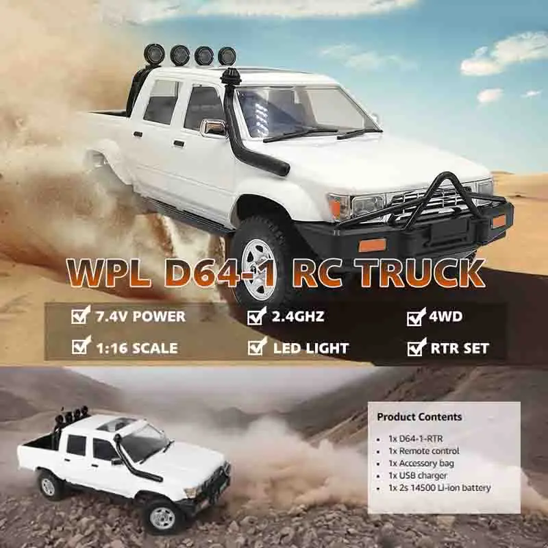 1/16 Scale RC Crawler WPL D64-1 /D62-1/D64 RC Truck RTR Off-Road Pick-up Car 2.4GH Remote Control RC Rock Crawler with LED Light