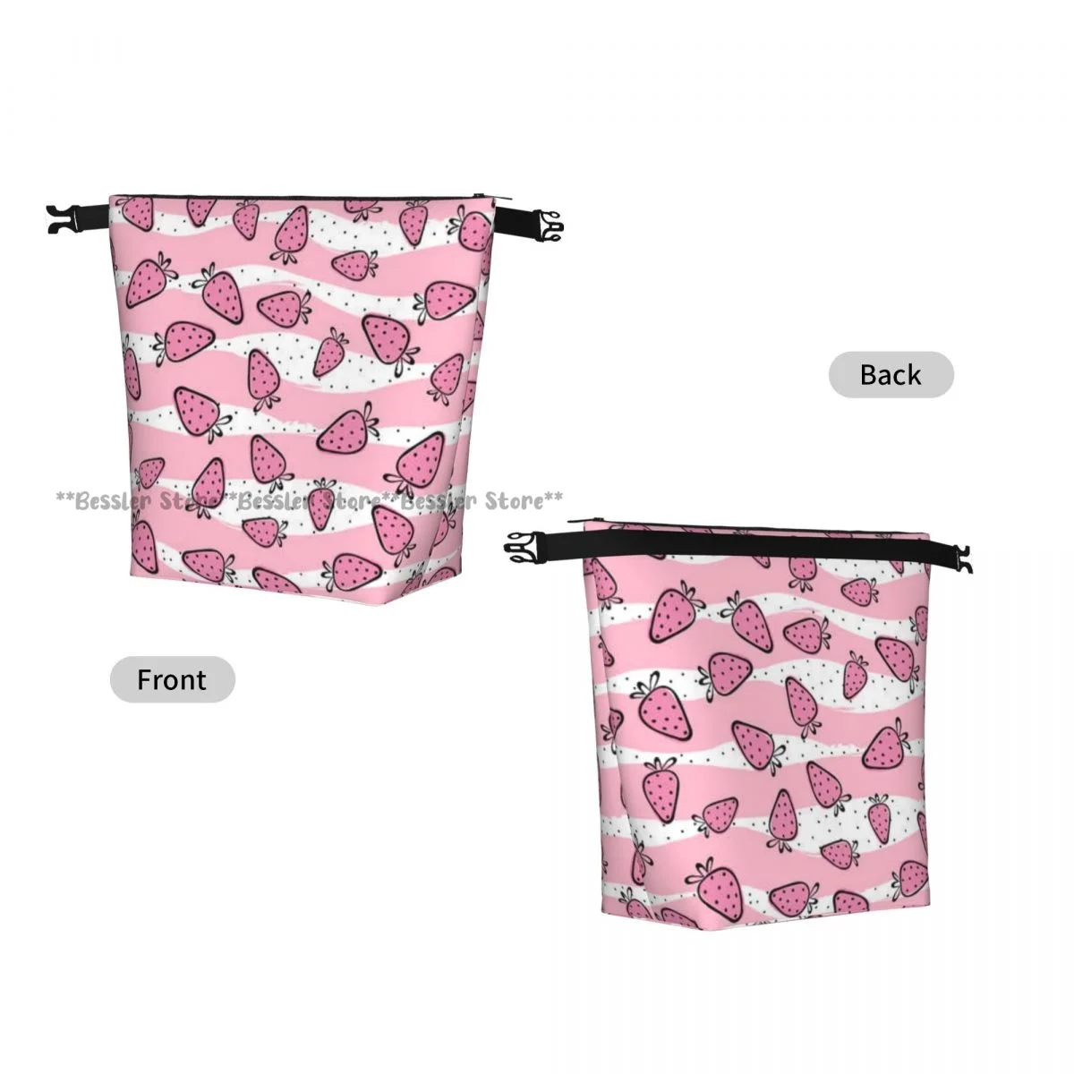 Portable Roll-top Insulated Cooler Lunch Bag Sweet Strawberry On Stripes Background Thermal Food Bag for Travel Outdoor Camping