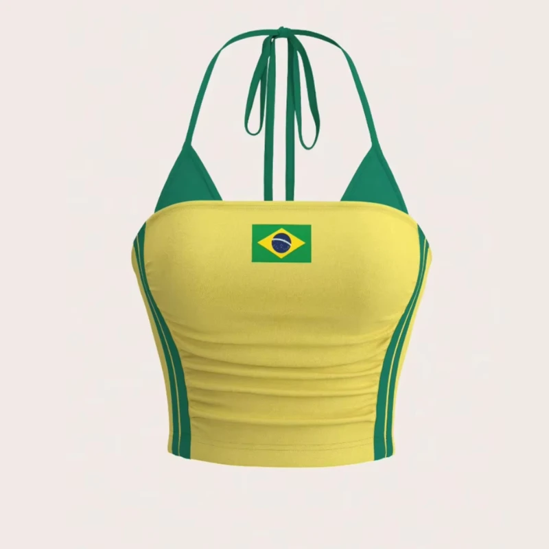 American Spice Girl Printed Tube Women Top Yellow-green Contrasting Side Stripes Design Short Edition Vest Sports Spice Girl Top - view 5