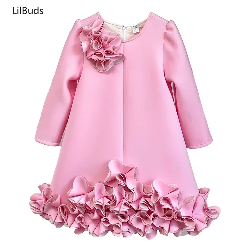 2024 Children Girls' Three-Dimensional Flower Long-Sleeved Princess Baby Fashionable Floral Dress Autumn And Winter Outerwear