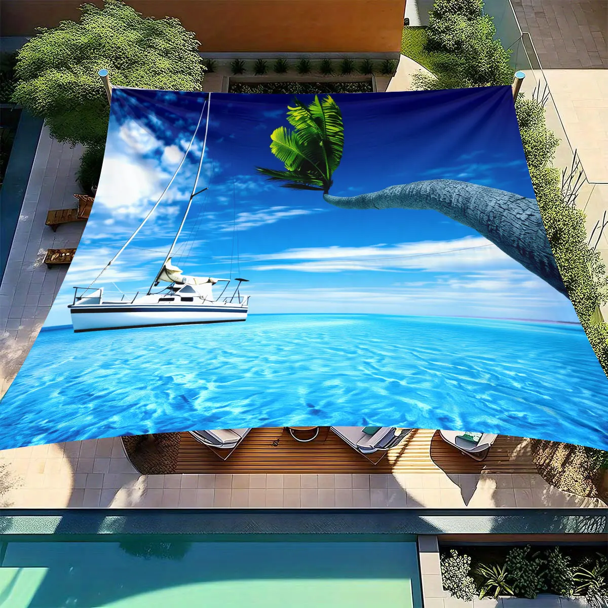 1-Piece Tropical Ocean View Outdoor Awning and Beach Shade — White Sailboat and palm tree Design, UV Resistant, Easy to Insta