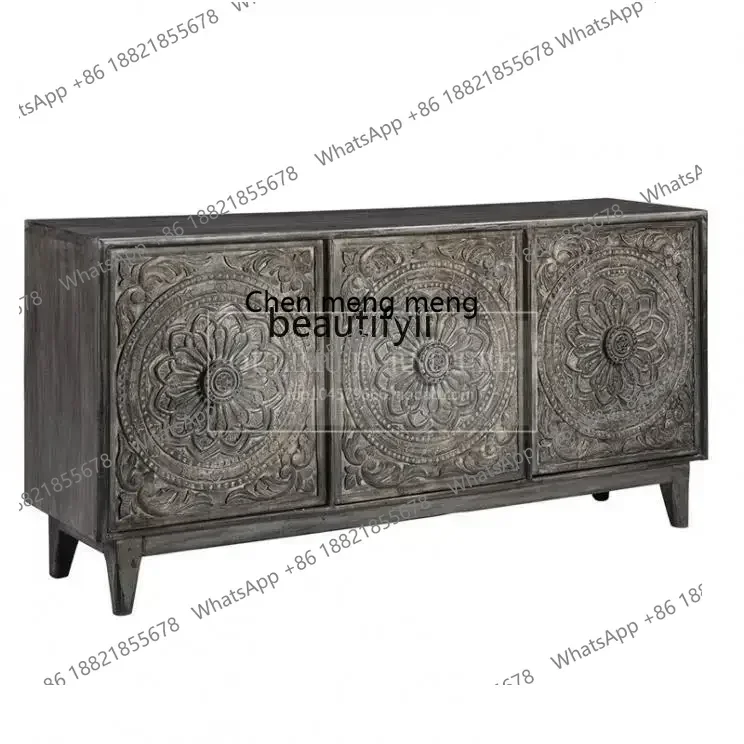 

32American luxury solid wood carving flower entrance cabinet handmade retro old dining side cabinet living room TV cabinet