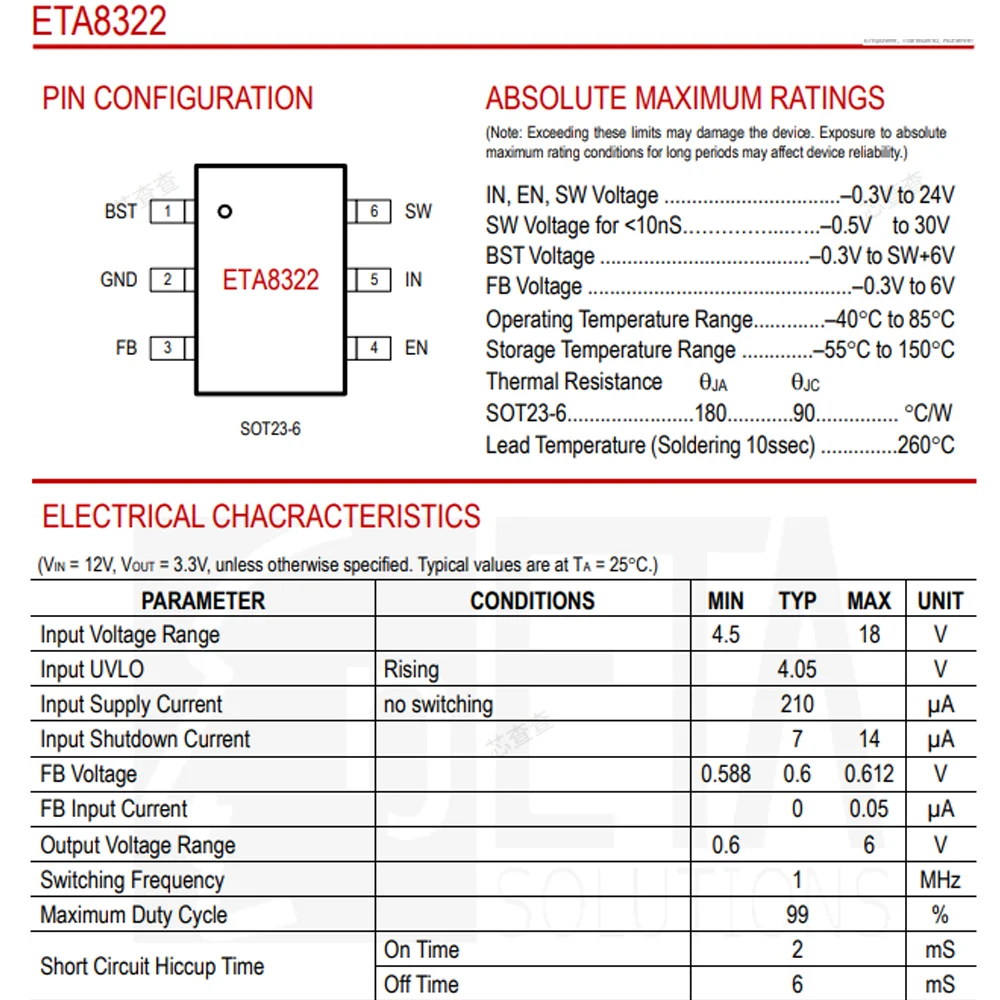 (100 pcs) ETA8322S2G SOT-23-6 (Marking J6) - Synchronous Buck Converter 18V 2A 3.5V-18V Adaptive COT
