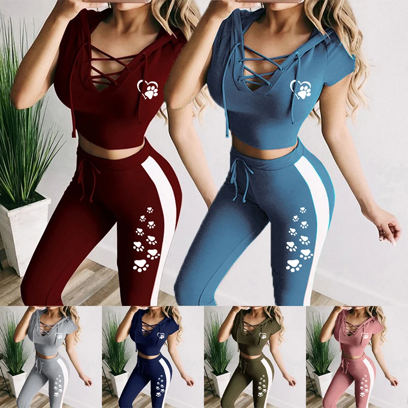 2024 Women's Sexy V-neck Hooded Short Sleeve Set Yoga Fitness Set Open Navel Hoodie+Tight Pants Women's Sports Set Sportswear