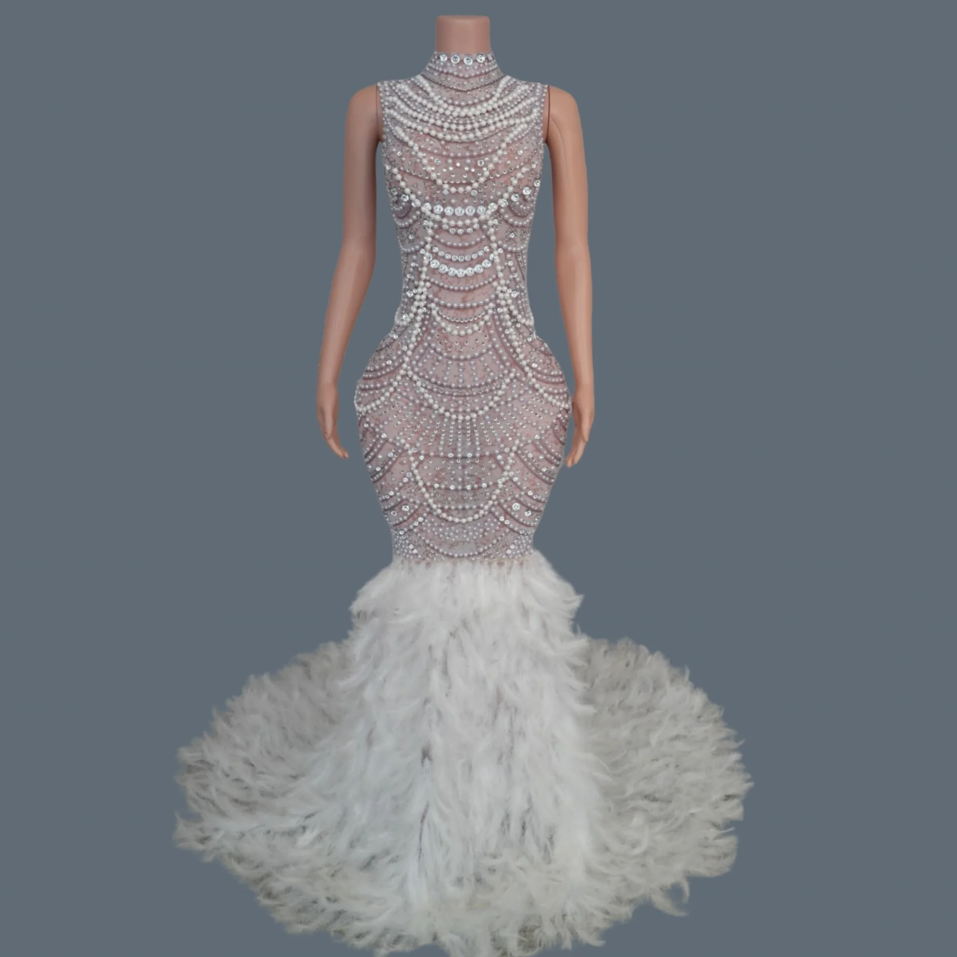

Elegant White Feather Pearls Fishtail Gown Luxury High-end Floor-length Dress Birthday Celebrate Party Photo Shoot Wear Taxue