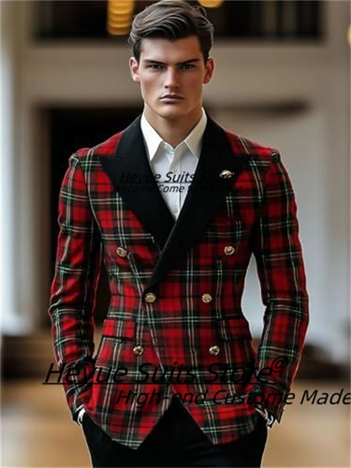 

Casual Plaid Men Suits Customized Slim Fit Double Breasted Groom Wedding Tuxedos 2 Pcs Jacket+Black Pants Elegant Costume Homme