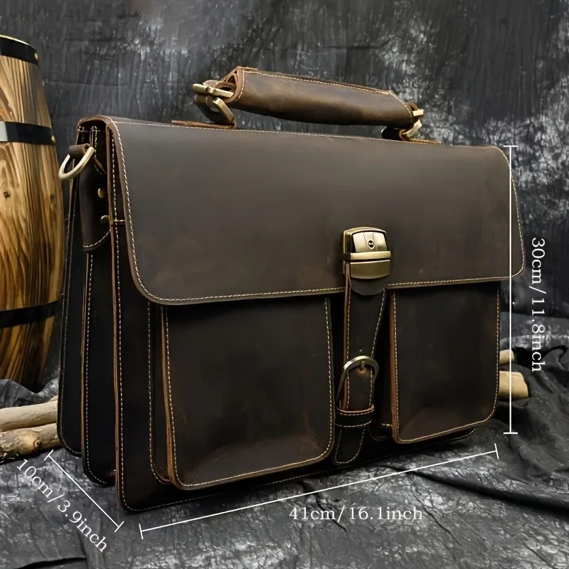 Men's Thick Genuine Cow Leather Business Briefcase, 15" Laptop Tote with Shoulder Strap, Genuine Leather Briefcase
