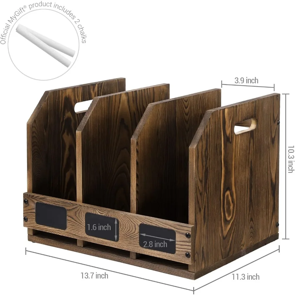 Rustic Wood Document Organizer with 3 Compartments, Chalkboard Labels, and Carry Handles for Office Desk Storage