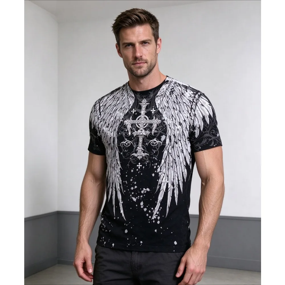 Summer Fashion Men's and Women's Gothic Horror Halloween Breathable Comfortable T-shirt Wing Shaped Cross Print T-shirt