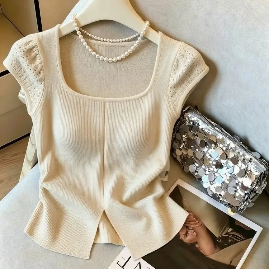 French Soft Style Pink Knit Top Square Neck Hollow Cap Sleeve Ribbed Fabric Front Split Hem Casual Daily Outfit