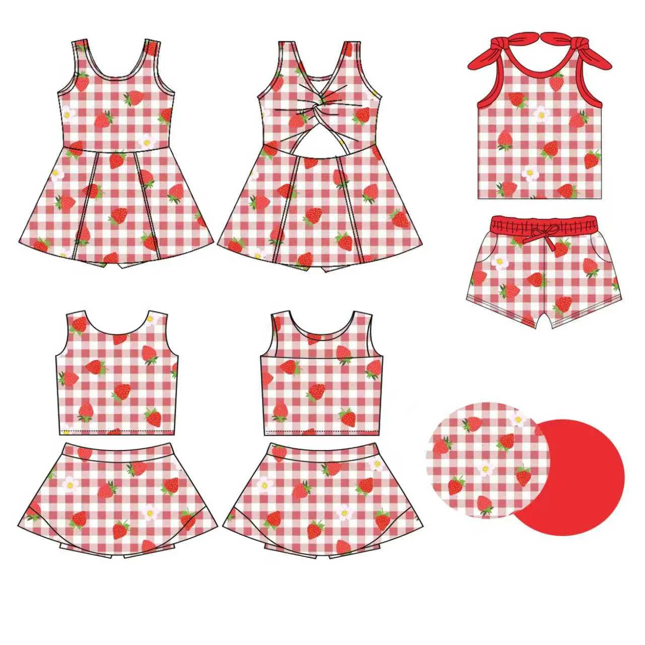 Strawberry and Red Plaid Print Girls Summer Sleeveless Top and Shorts Boutique Set and Fashionable Dress