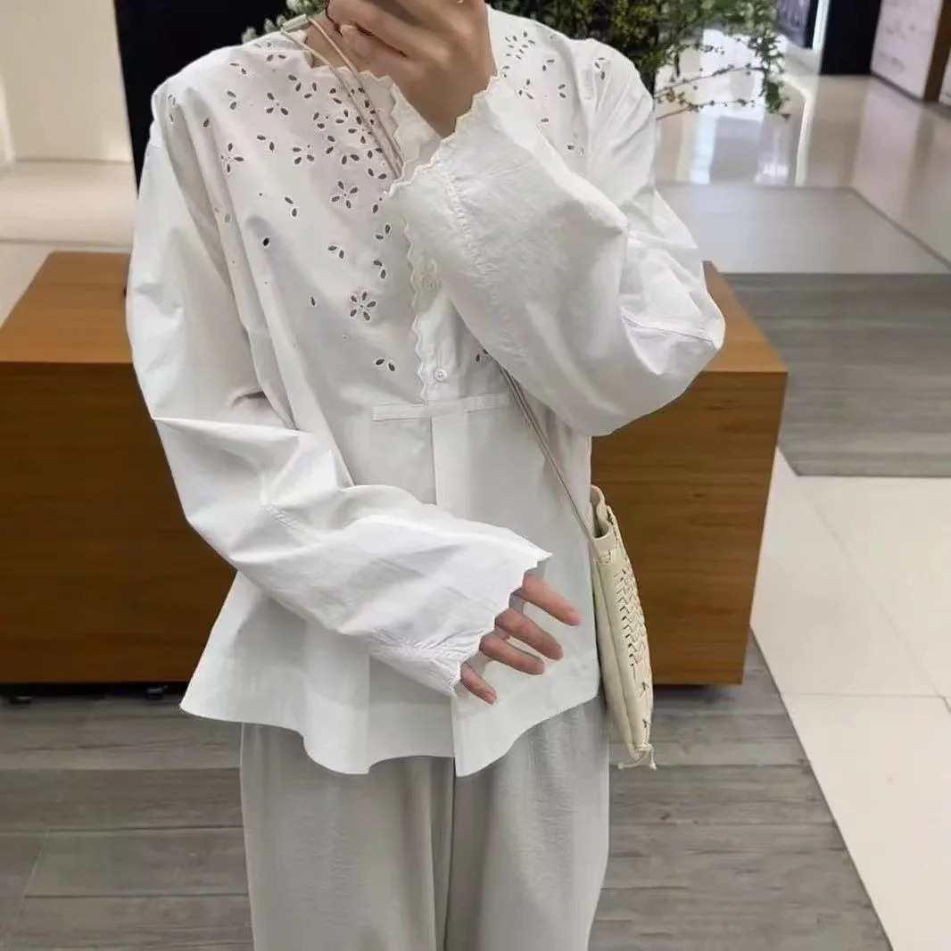 2025 Summer Shirt New Vintage Chinese Style Embroidery Hollowed Out Yankee Loose Gear Edge Round Neck Shirt