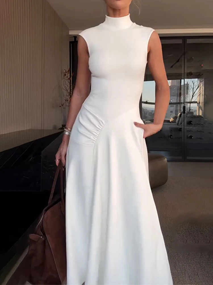 エレガントなハーフハイネックノースリーブロングドレスファッションドレープソリッドカラー気質ドレス女性カジュアルスリムスイングパーティードレス