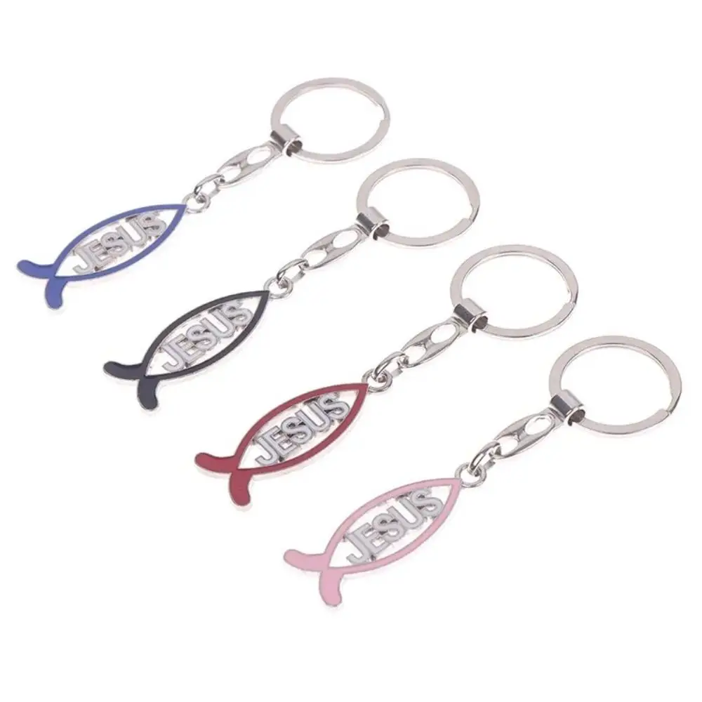 Funny Alloy Fish Shape Keychain Religious Cartoon Jesus Charm Pendant Fish Shape Christian Car Keychain Church Souvenir
