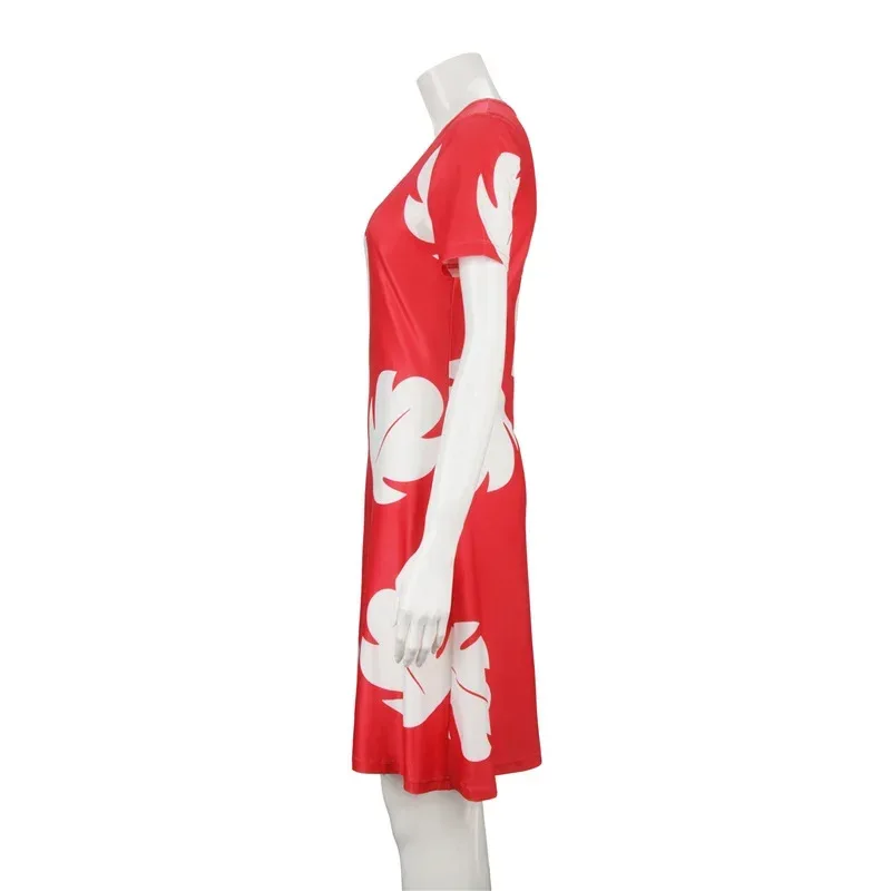 

ss13Lilo Women Girl Red Long Dress with Leaf Printed Summer Beach Hawaiian Clothing Halloween Cosplay Outfits for Adults K