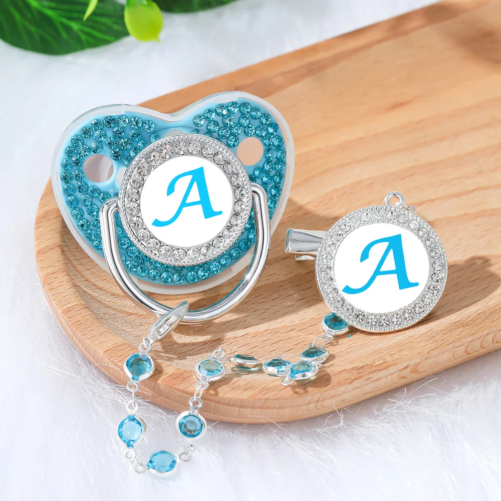 Bling Newborn Pacifier Clip Holder Set 26 Letter Baby Dummy Luxury Infant Soother Baby Shower Gift Silicone Toddler Teether Blue