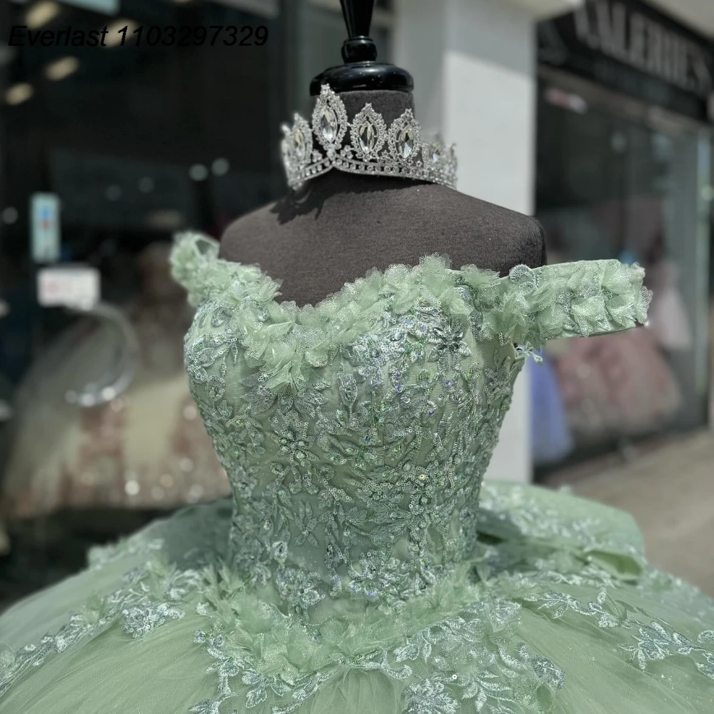 EVLAST-Vestido De quinceañera con purpurina, Apliques De encaje brillantes con cuentas, corsé escalonado con lazo, dulce 16, 15 años, QD1051