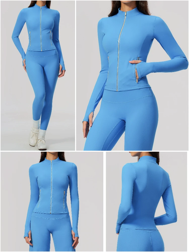 VITALINOVO Damen-Sportjacken mit goldenem Reißverschluss, leicht, mit Daumenlöchern, schmale Passform, für Workout, Laufen, mit Reißverschluss – Detail 11