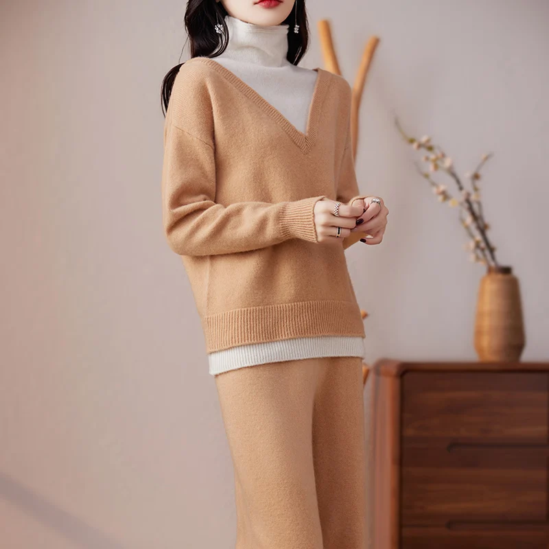 Autumn Winter 100% Merino Wool  Woolen Trousers Turtleneck Sweater Suit Soft Long Sleeve Fashion Casual Solid Color Clothes