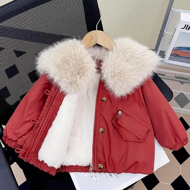 Autumn/Winter Kids Girls' Jacket New Style Children's Stylish Plush Thick Coat Baby Hair Collar Cotton Jacket