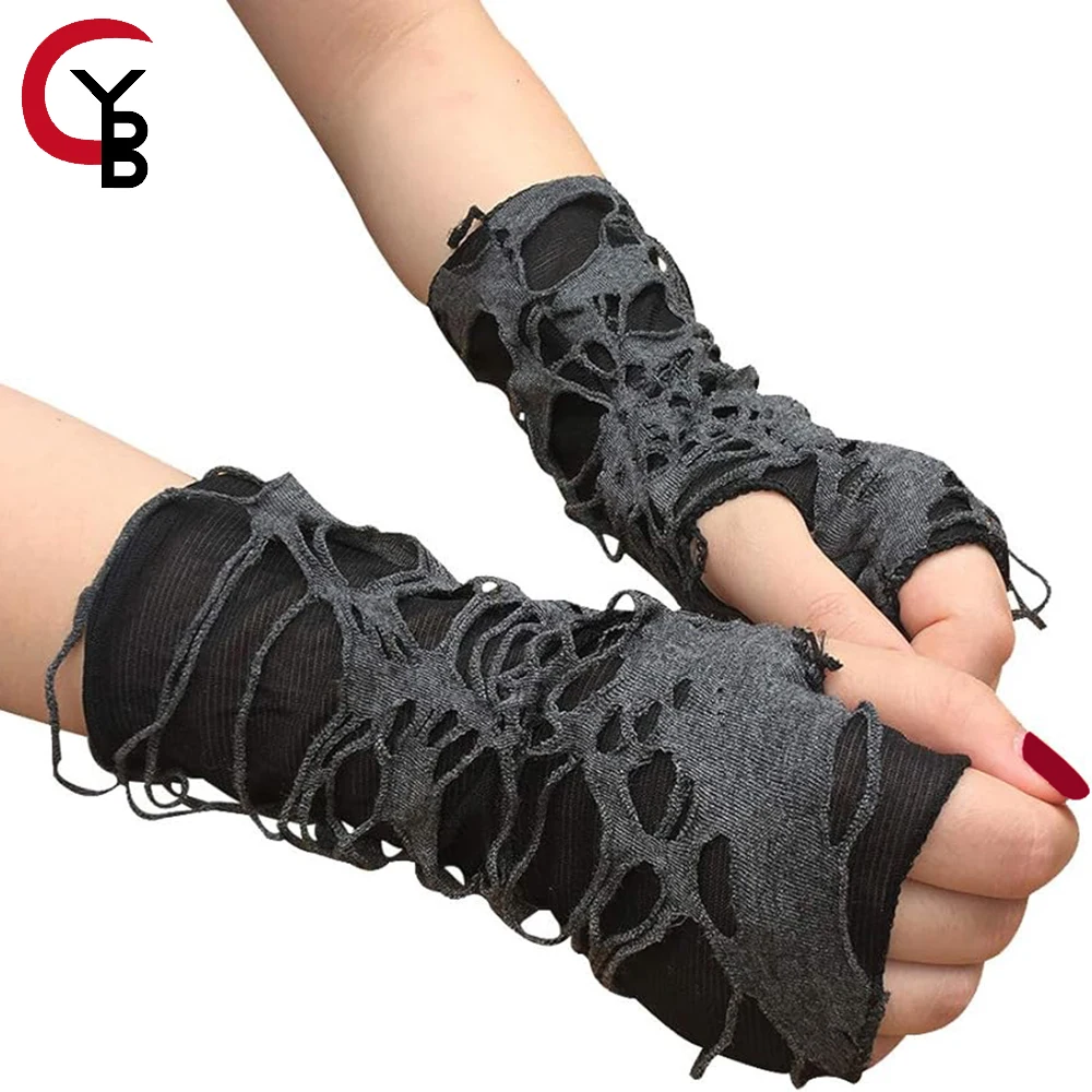 Women's Punk Fingerless Glove Cosplay Ripped Gloves for Halloween Costume Party 1Pair