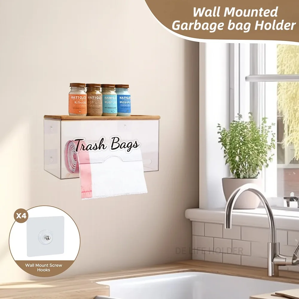 Wall mounted Trash Bag Dispenser With Bamboo Lid Garbage Bag Container Toilet Roll Paper Holder Desktop Kitchen Storage Box