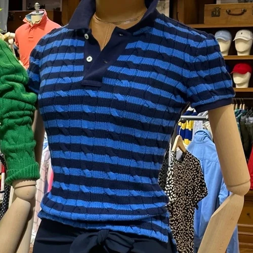 

Трикотаж из чистого хлопка, лето 2022, новый Sle с маленьким логотипом Lfern Twist Flower ort Sve, отложной воротник в полоску