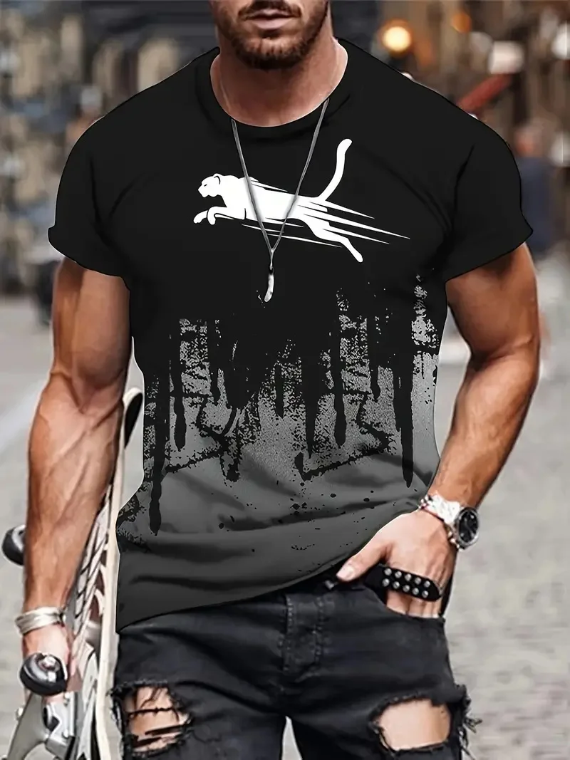 

Men's running leopard print gradient color 3D print round neck short sleeved T-shirt for summer fashion outdoor Loose men's tops