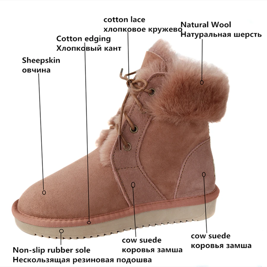 G&Zaco Genuine Sheepskin Boots Women Sheep Wool Boots Shoes Suede Leather Sheep Fur Boots Mid-calf  Flat Warm Winter Shoes