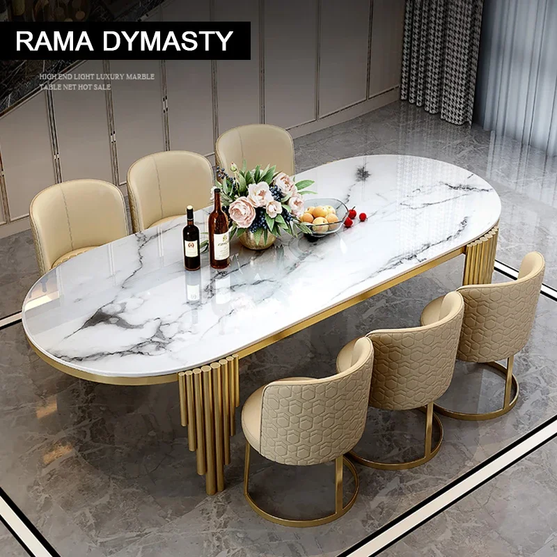 Ellipses Marble Dining Room Gold Stainless steel Leg Seats 6-8 People Dining Table