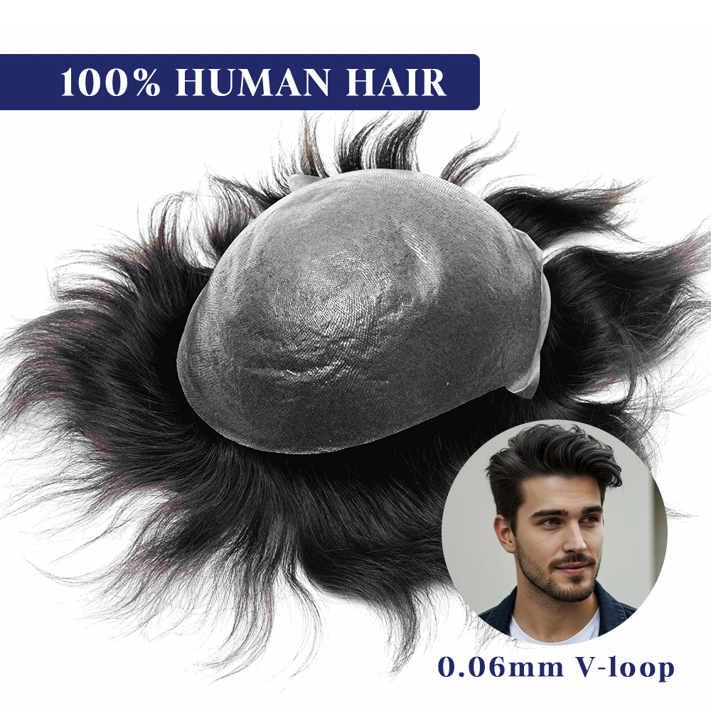 Peluquín de piel fina de 0,06mm con bucle en V para hombres, peluquín de prótesis capilar, pieza de cabello para hombres, sistema de reemplazo de cabello
